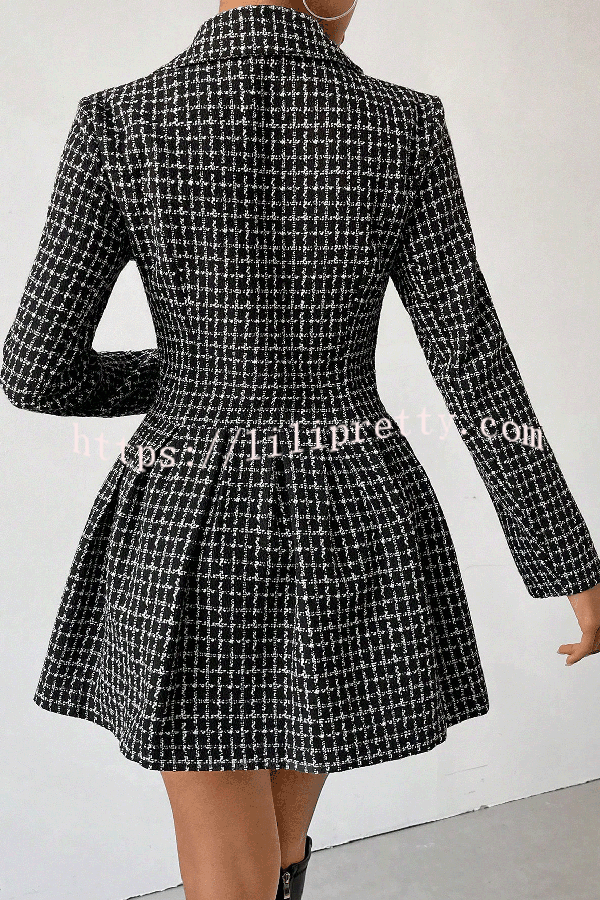 Plaid Print Lapel Long Sleeve Office Mini Dress