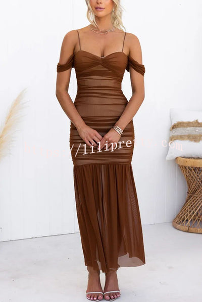 Eyes on Me Mesh Off Shoulder Ruched Fishtail Stretch Maxi Dress