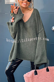 Fashionable Patchwork V-neck Long-sleeved Knitted Sweater