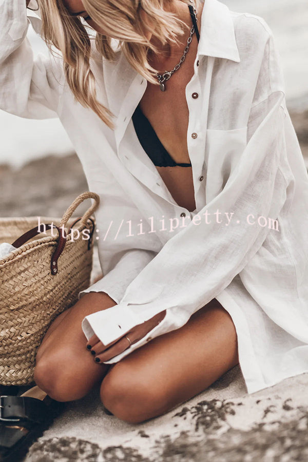 Lilipretty Go To The Beach Linen Blend Pocketed Long Sleeve Oversized Shirt
