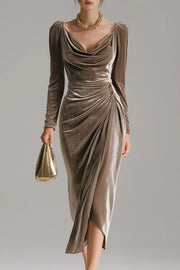 Solid Color Velvet Long-sleeved Slim-fit Pleated Midi Dress