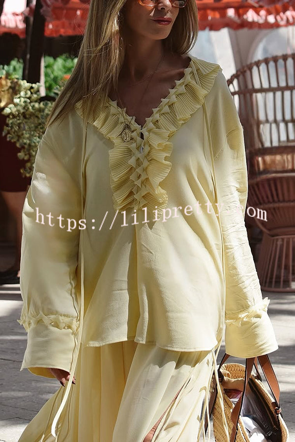 Solid Color Pleated Ruffled Tie Long Sleeve Loose Shirt