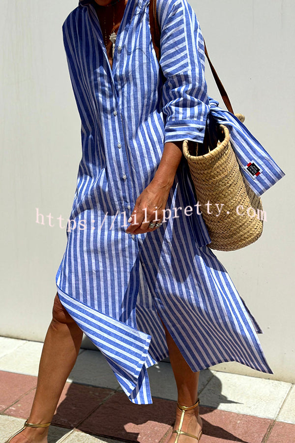 Summer Splendor Printed Button Half Sleeve Belt Loose Shirt Midi Dress