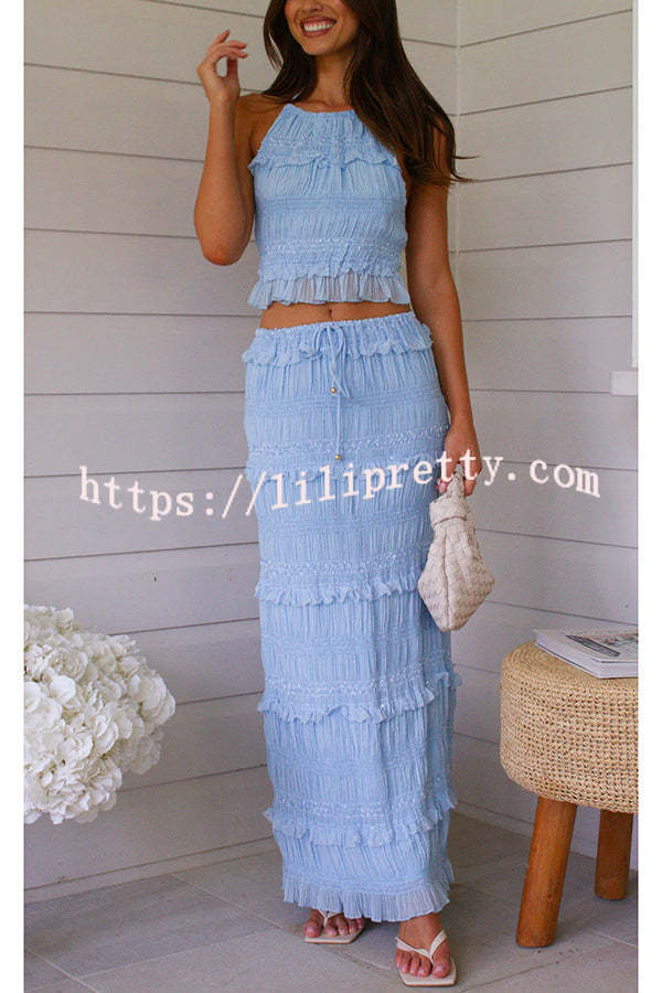 Feel Chic and Romantic Sequin Textured Material Back Elastic Halter Tie Tank and Drawstring Waist Tiered Maxi Skirt Set