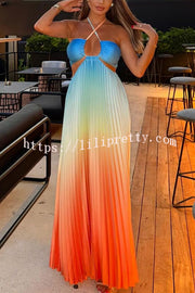 Get Ready Beautiful Gradient Print Cutout Halterneck Pleated Maxi Dress