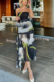Lilipretty® Raquel Mesh Overlay Floral Print Off Shoulder Ruched Ruffles Stretch Midi Dress