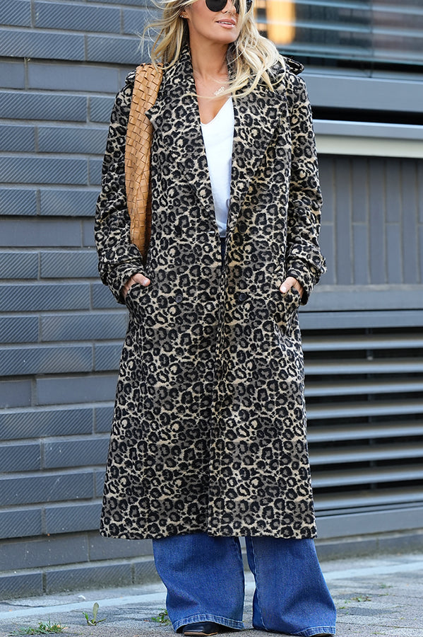 Leopard Affair Animal Print Epaulettes Long Sleeve Pocketed Lapel Midi Trench Coat