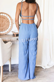 Summer Vacay Style Crinkle Fabric Cut Out Elastic Waist Pocket Backless Jumpsuit