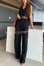 Dylan High Rise Elastic Waist Pocket Wide Leg Cargo Pants