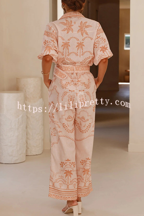 Linen Blend Lapel Puff Sleeve Loose Shirt and Casual Pocket Straight Pants Set
