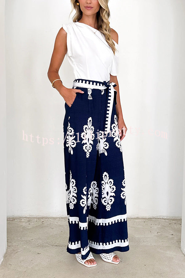 Unique Ethnic Print Belted Casual Pocket Wide Leg Pants