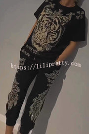 Stylish Tiger Print Short Sleeve Crew Neck Top and Elastic Waist Pocket Pants Set