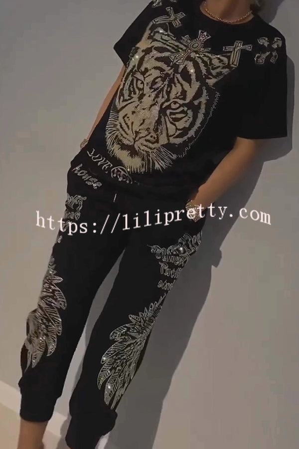 Stylish Tiger Print Short Sleeve Crew Neck Top and Elastic Waist Pocket Pants Set