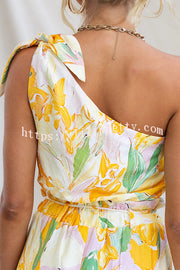 Soleila Floral Print One Shoulder Tie-up Crop Top and Elastic Waist Pocket Loose Pants Set