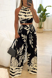 Botanical Print Halterneck Crop Top and Casual High-waist Wide-leg Pants Set