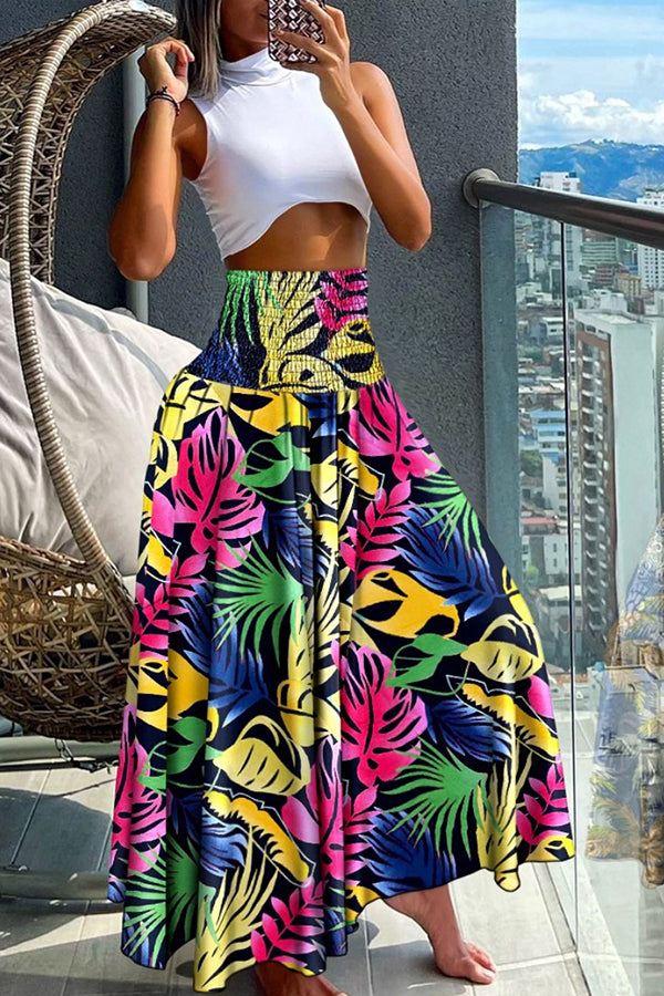 Unique Printed Pleated Elastic Waist Holiday Casual Maxi Skirt