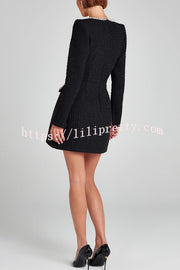 Girly and Glamorous Tweed Fabric Pearl Trim Long Slit Sleeve Pocketed Mini Dress