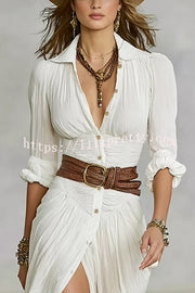 Fashion Lapel Single-breasted Waist Shirt-style Maxi Dress