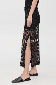 Gorgeous Flower Embellished Sequin Sheer High Rise Slit Midi Skirt