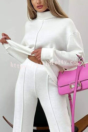 Solid Color Casual Knitted High Neck Long Sleeve Top and Elastic Waist Loose Pants Set