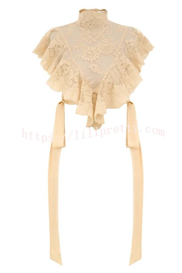 Salenia Lace Appliqué High Neck Side Tie-up Ruffle Cropped Top