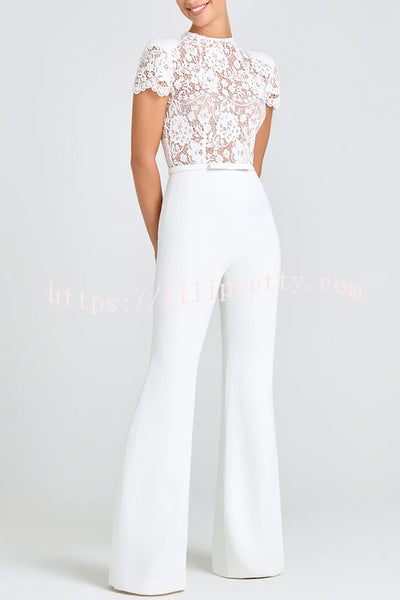 Party Charmer Flower Lace Patchwork Short Sleeve Bow Belted Flare Jumpsuit
