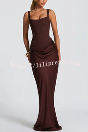Larrah Square Neck Back Lace-up Satin Drape Hem Maxi Dress