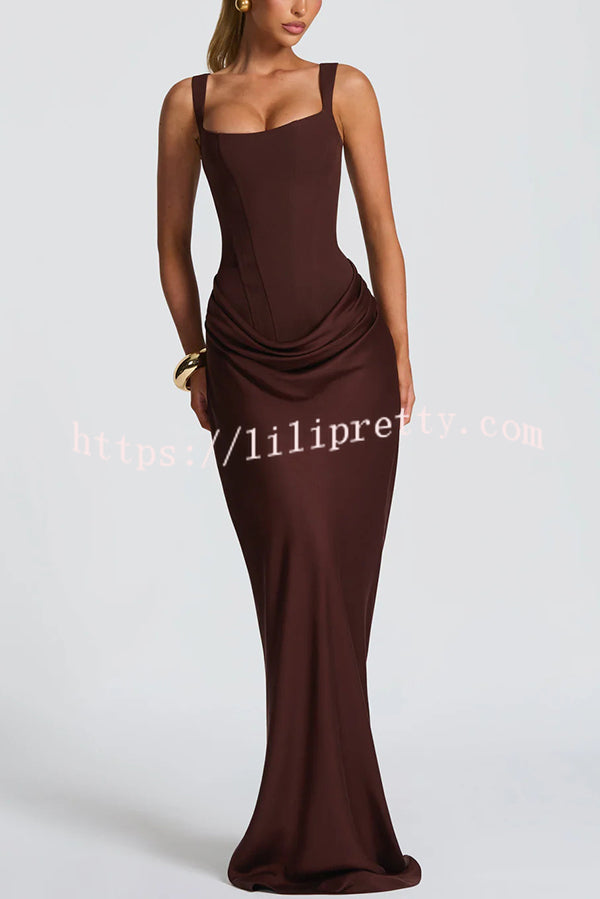 Larrah Square Neck Back Lace-up Satin Drape Hem Maxi Dress