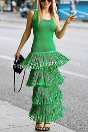 Solid Color Sleeveless Slim Fit Fringed Hem Knitted Midi Dress