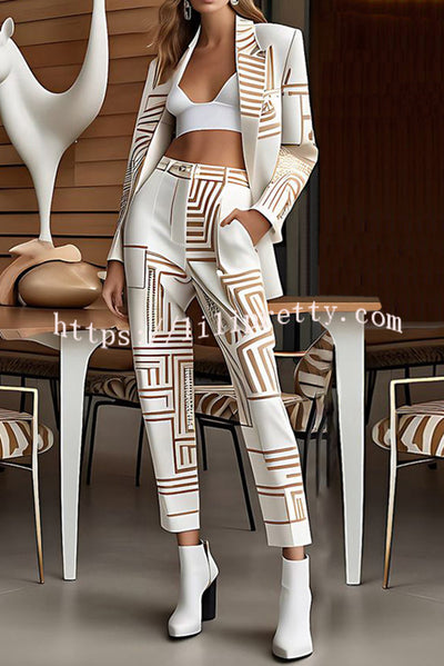 Unique Print Lapel Long-sleeved Suit Jacket and Loose Pocket Pants Set