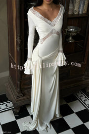 Fashion Lace Splicing Sexy V-neck Long-sleeved Slim Maxi Dress