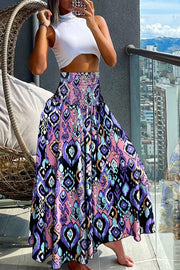 Unique Printed Pleated Elastic Waist Holiday Casual Maxi Skirt