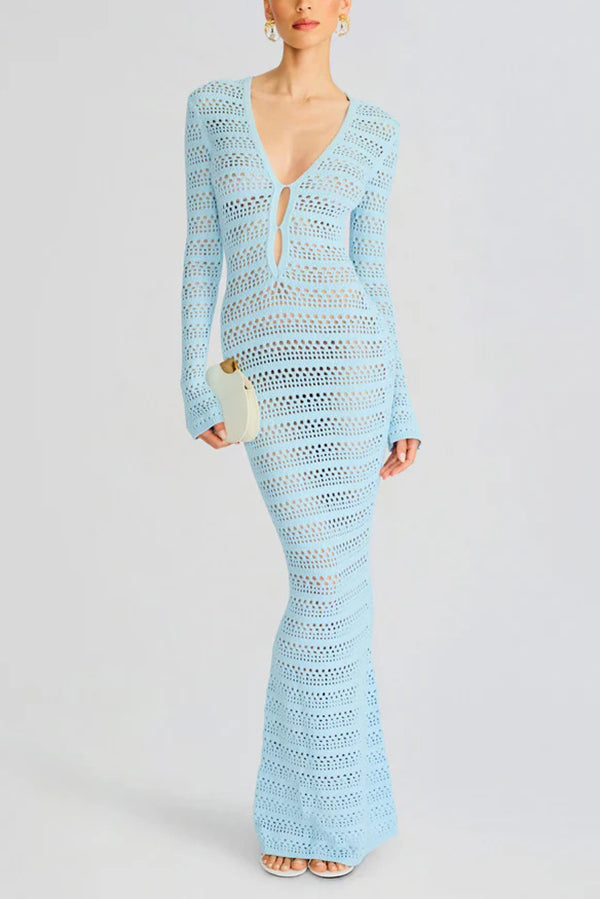 Solid Color Knit Hollow Long Sleeve Vacation Cover Up Maxi Dress