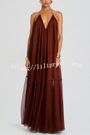 Flowing Lightweight Chiffon Chain Halter Neck Detail Backless A-line Maxi Dress