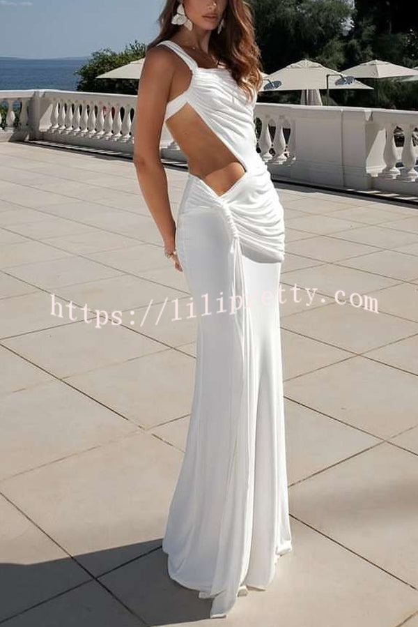 Sexy One-shoulder Backless Ribbon Pleated Slim Maxi Dress