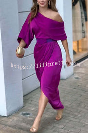 Whispered Yes Satin Irregular Lapel Neckline Design Ruched Maxi Dress