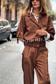 Street Charm Glossy Fabric Button Pocket Cargo Jacket and Elastic Waist Jogger Pants Set