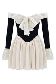 Lilipretty Dreamy Off Shoulder Color Block Bow Long Sleeve Mini Dress