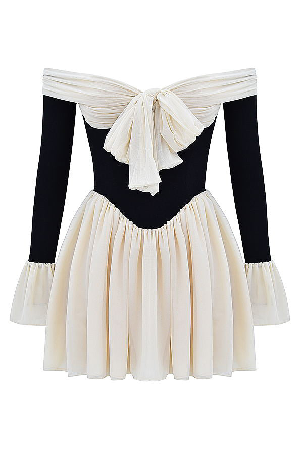 Lilipretty Dreamy Off Shoulder Color Block Bow Long Sleeve Mini Dress