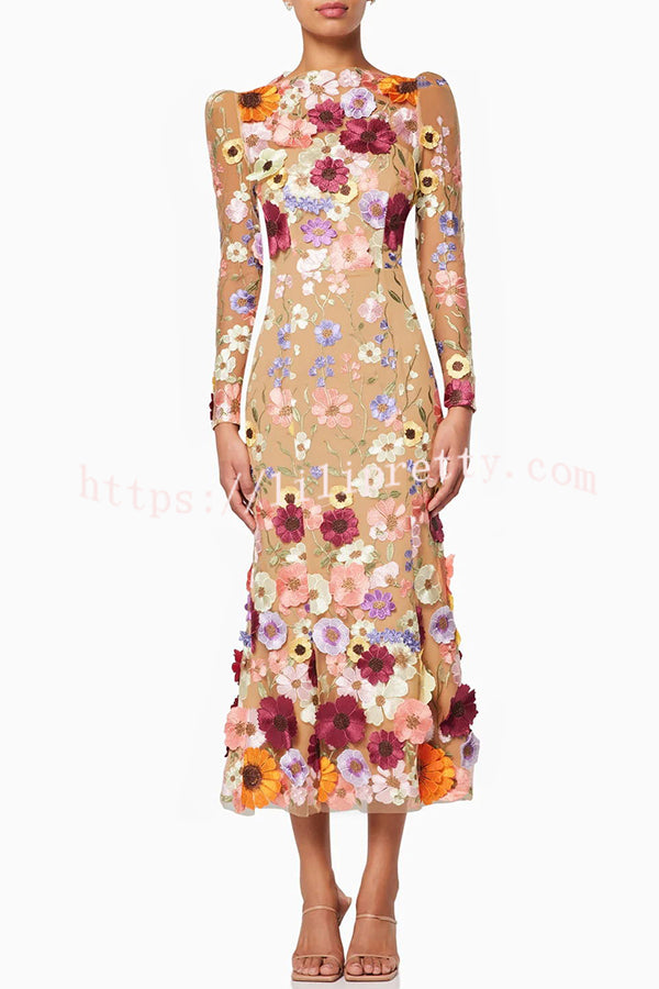 Dignified and Refined Charm Embroidered Floral Applique Long Sleeve Fish Tail Midi Dress