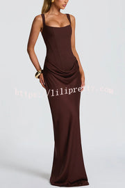 Larrah Square Neck Back Lace-up Satin Drape Hem Maxi Dress