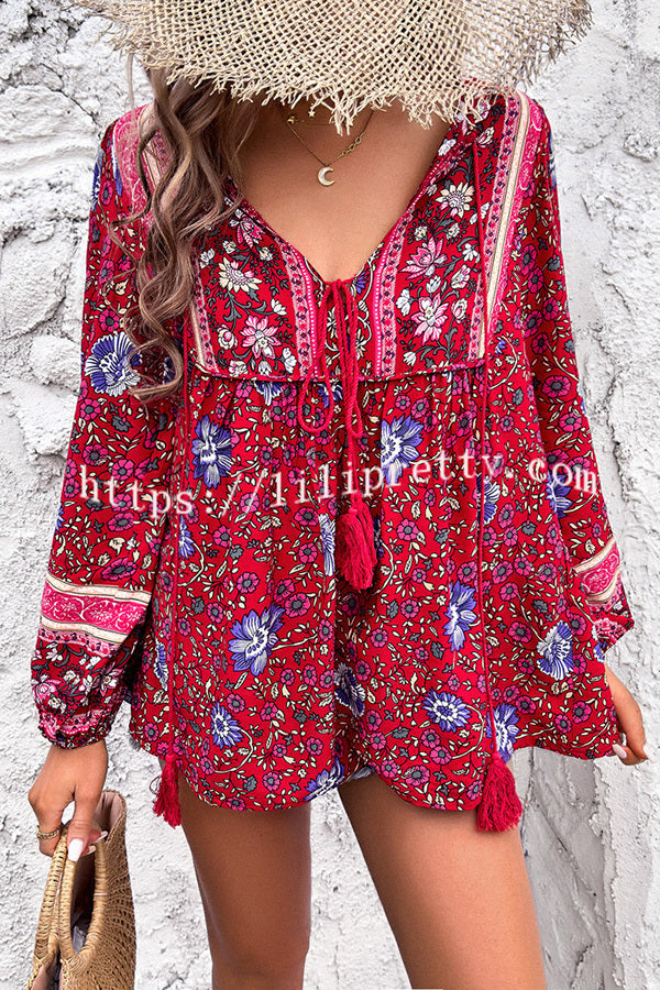 Intricate Floral Print V Neck Lace Up Paneled Long Sleeve Shirt
