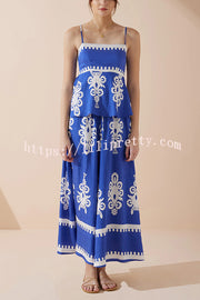 Unique Ethnic Print Suspender Pleated Top and Elastic Waist Loose Wide-leg Pants Set