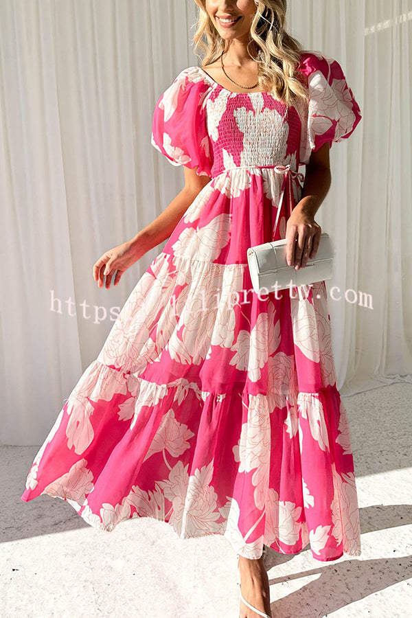 Unique Floral Print Patchwork Lace Up Pleated Maxi Dress