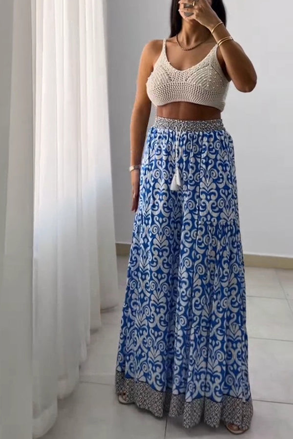 Unique Print Elastic High Waist Tie Pocket Wide Leg Pants