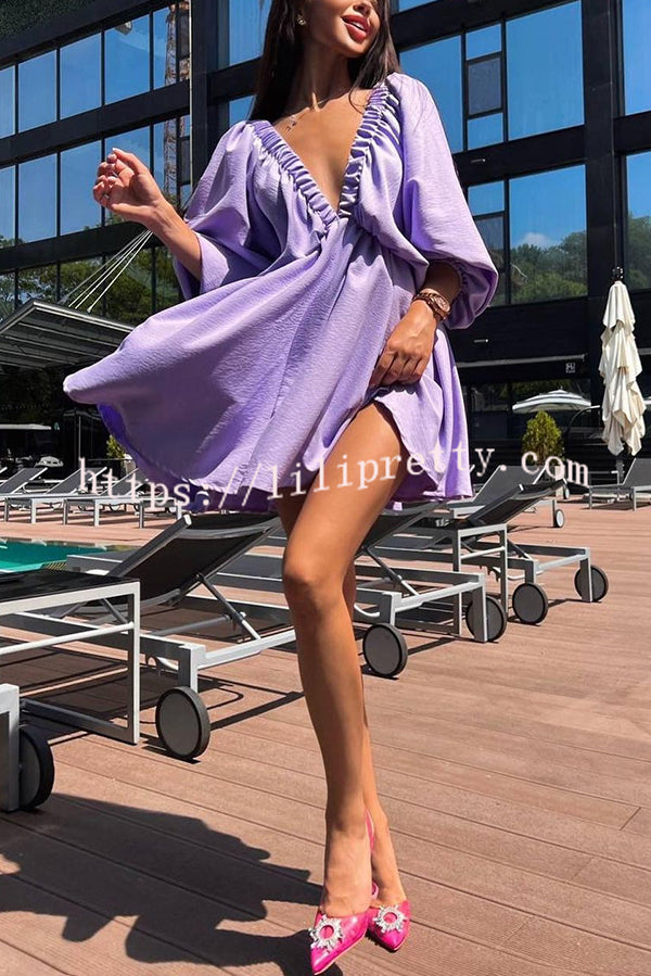 V Neck Puff Sleeve Solid Color Resort Style Mini Dress