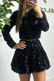 Solid Velvet Sequined Long Sleeve Tie Top and Seersucker Mini Skirt Set