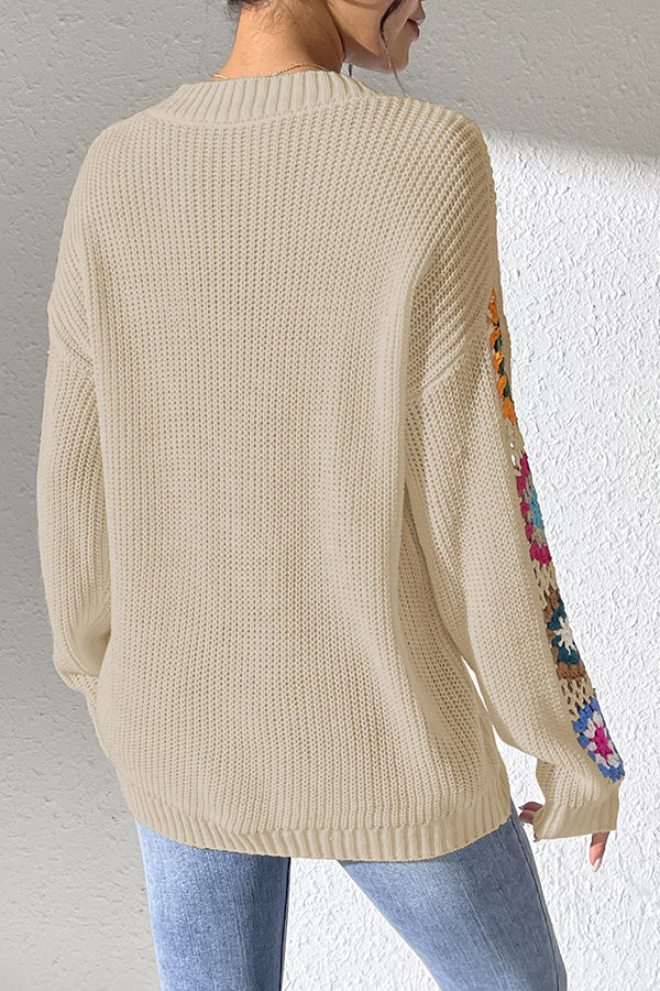 Fashion Hook Flower Long Sleeve V-Neck Loose Knitted Sweater