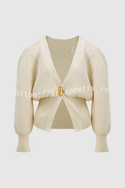 Only Yours Knit Metal Leaf Shape Button Lantern Sleeve Relaxed Cardigan