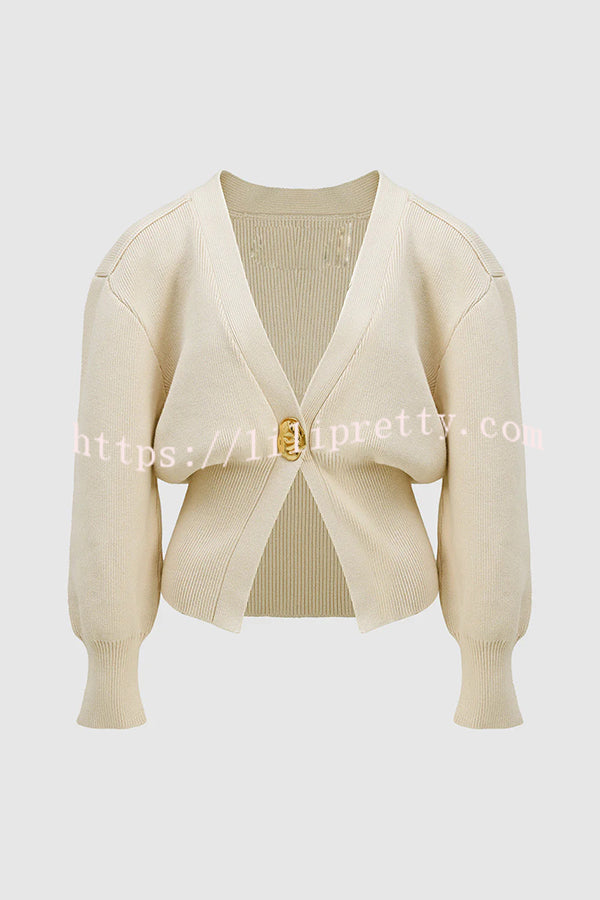 Only Yours Knit Metal Leaf Shape Button Lantern Sleeve Relaxed Cardigan